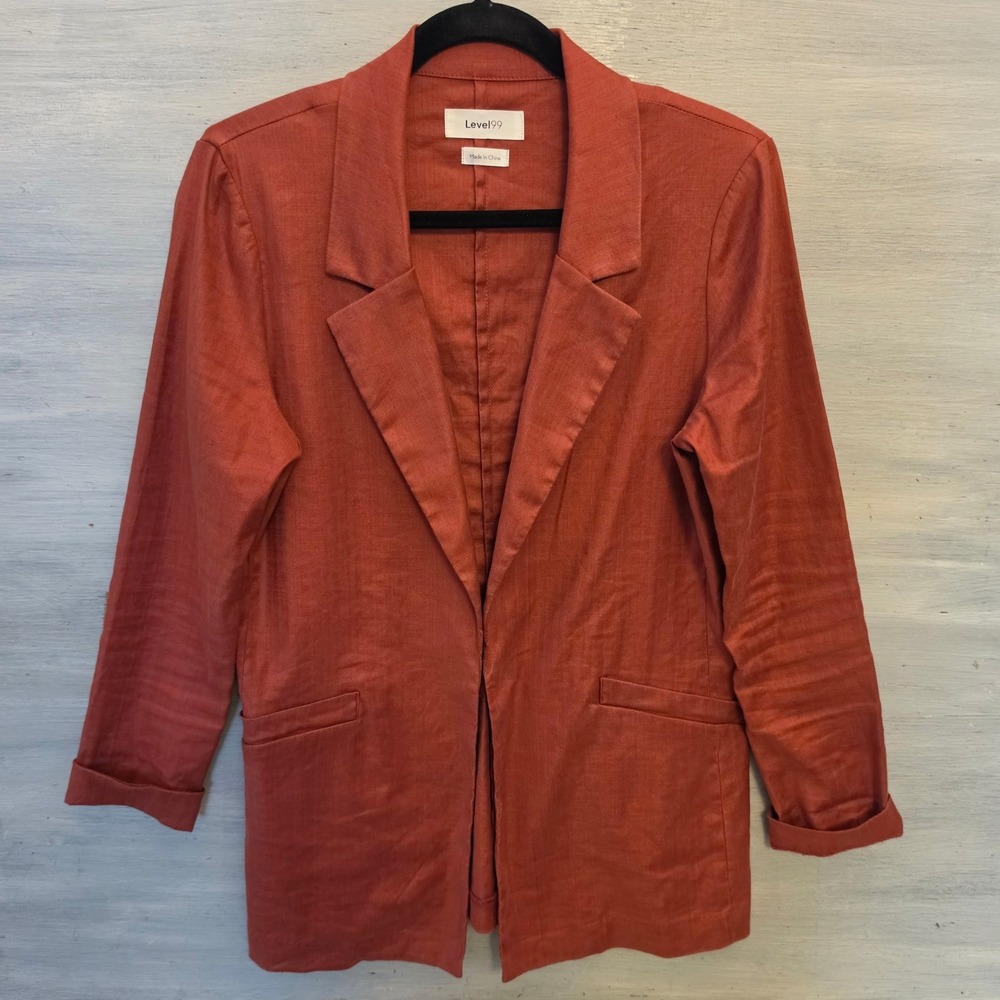 Level 99 51% Linen Rust Orange Open Front Blazer Jacket Size Medium GC